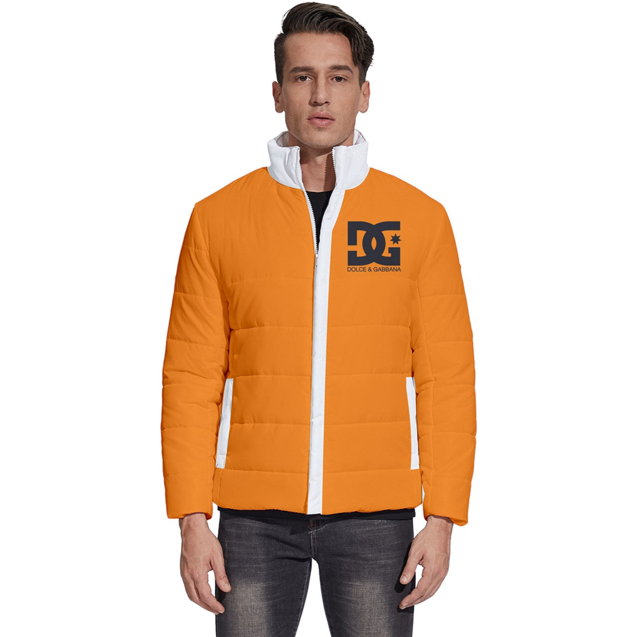 Custom DtheRebel Dolce & Gabbana Orange & White Men's Puffer Bubble Jacket Coat