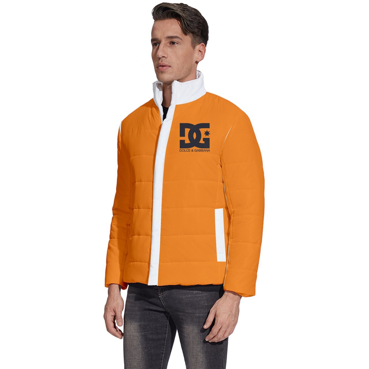 Custom DtheRebel Dolce & Gabbana Orange & White Men's Puffer Bubble Jacket Coat